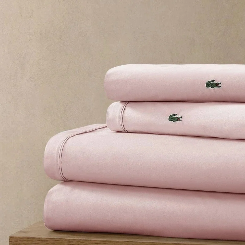 Lacoste 4pc Cal King Sheet Bedding Set Iced Pink Crocodile 100% Cotton Percale